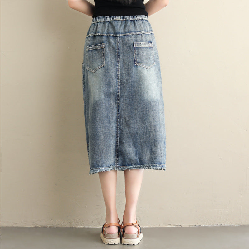 Plus Size Ethnic Style Denim Heavy Embroidery Skirt