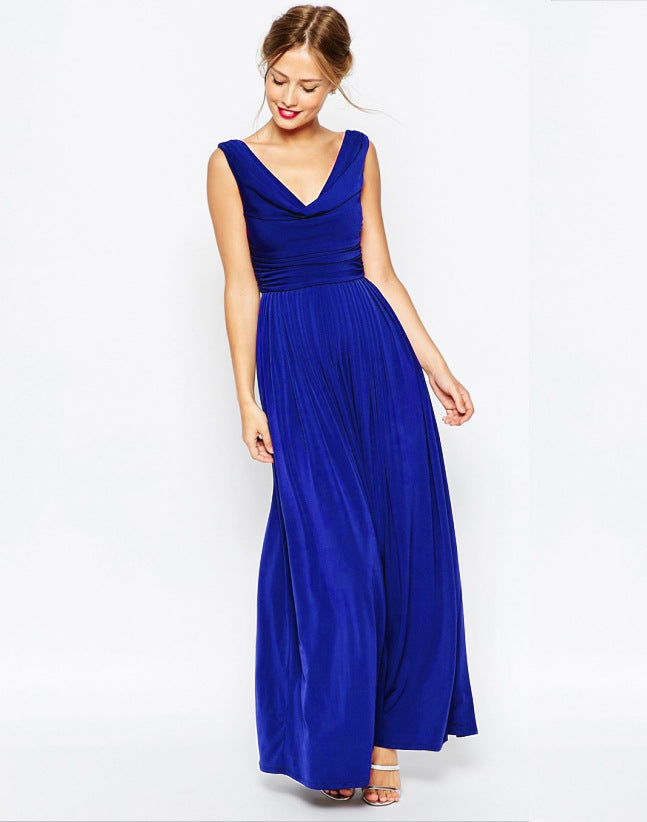 V-Neck Large Sleeveless Back Zipper Pleated Long Dress