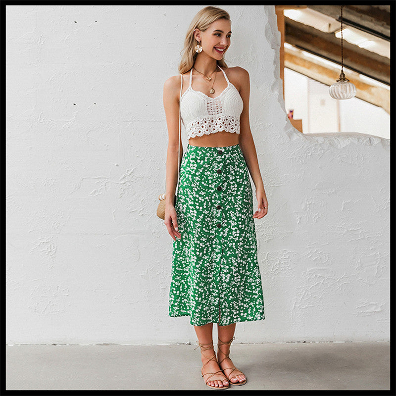 Holiday idyllic printed button mid-length skirt slim for women