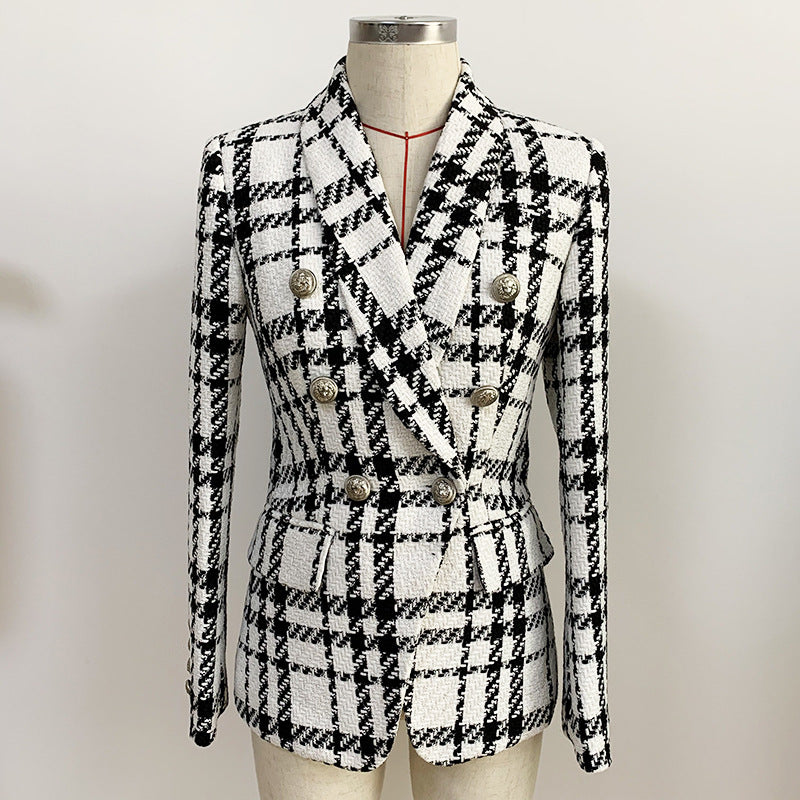 Check wool double-breasted blazer for women