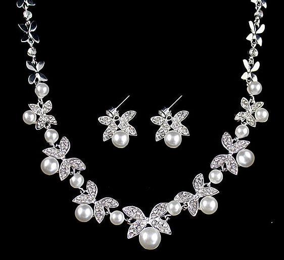 Women B0879 bride wedding jewelry accessories wholesale fashion diamond pearl necklace earrings set leaves the atmosphere