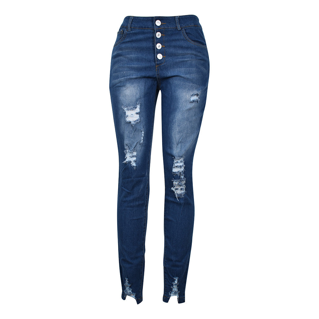 Pin buckle slim fit jeans for women
