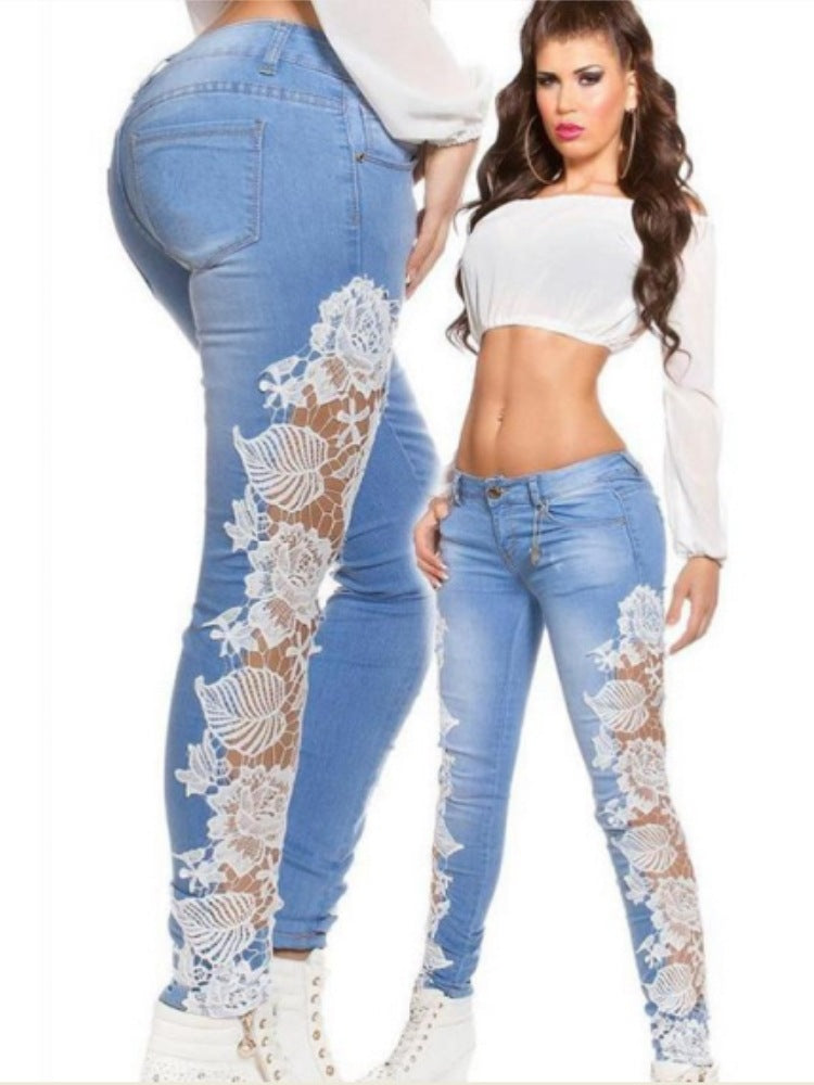 Sexy lace perspective stitching jeans for women