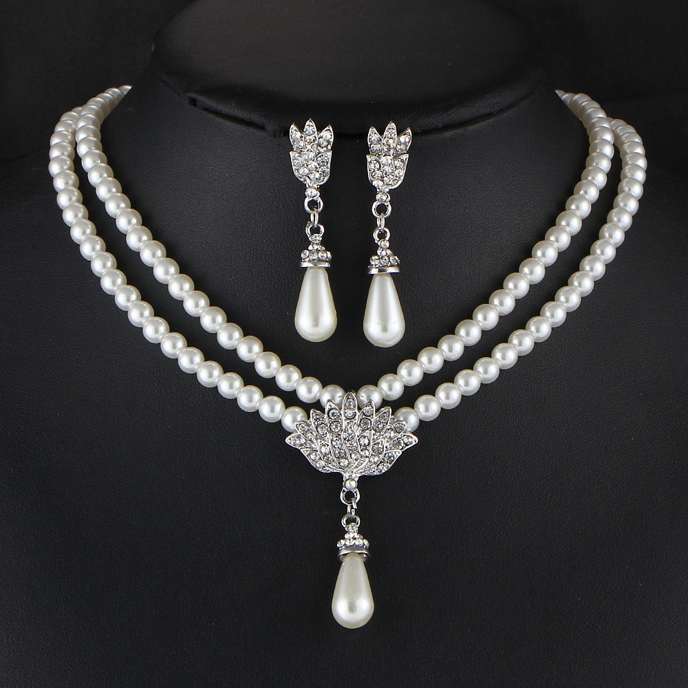 Women Jewelry Bridal Pearl Crystal Diamond Short Clavicle Neck Necklace Set
