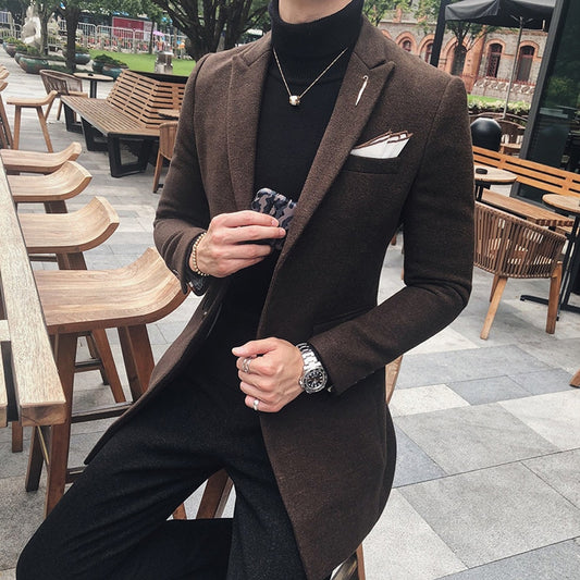 7 Solid Color Long Blazer Men Vintage Retro Slim Fit Blazer Hombre Casual Wool Blend Men Coat High Quality Designer Blazer