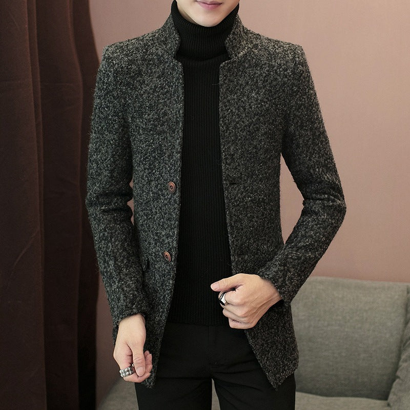 Youth Mid-Length Windbreaker Fashion Woolen Stand Collar Coat Trendy Men's Jacket