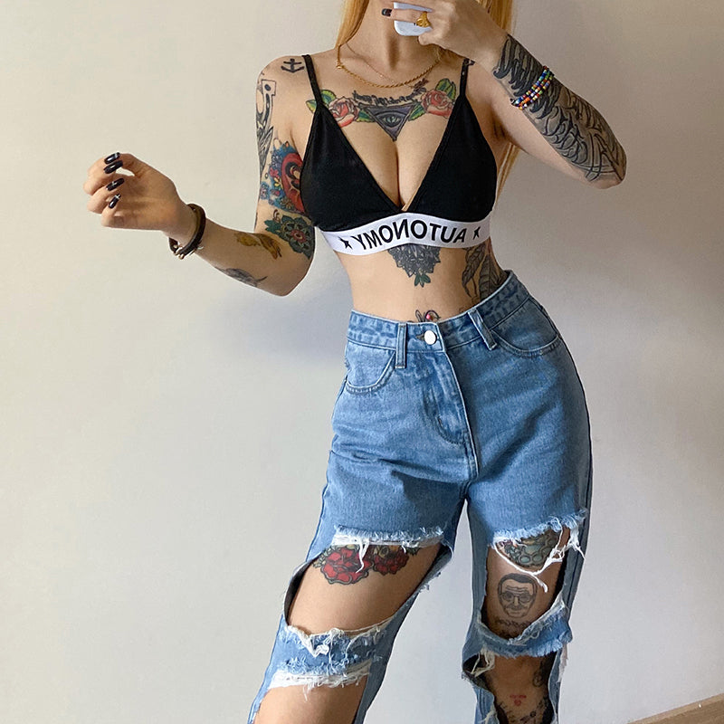 Ripped raw high-rise jeans for women