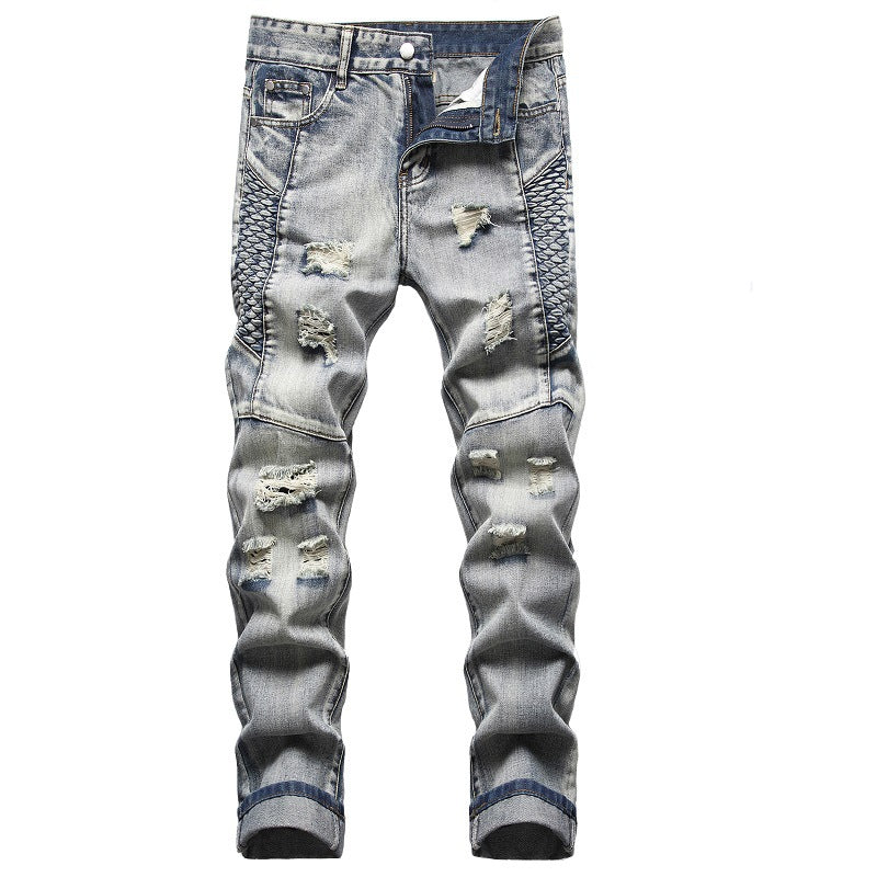 European And American Nostalgic Men Ripped Personality Mid-Rise Jeans