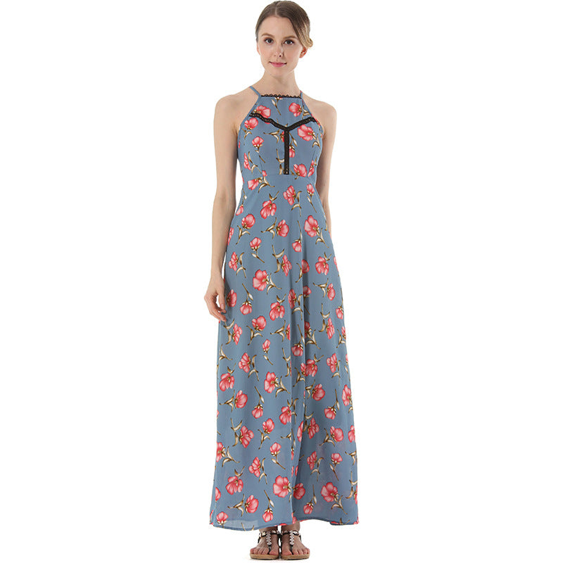 Sexy Open-Back Lace-Up Beach Dress Hollow Print Long Skirt