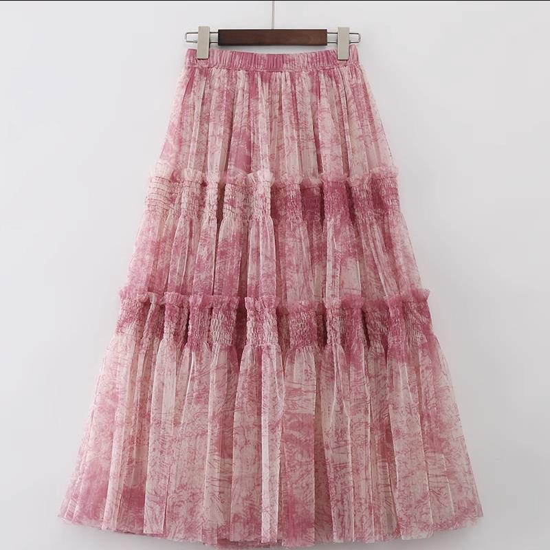 Ink Printing Skirt Elastic Waist Stitching Yarn