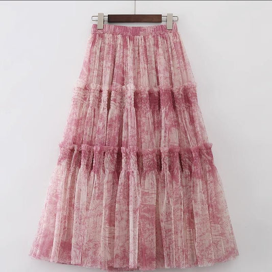 Ink Printing Skirt Elastic Waist Stitching Yarn
