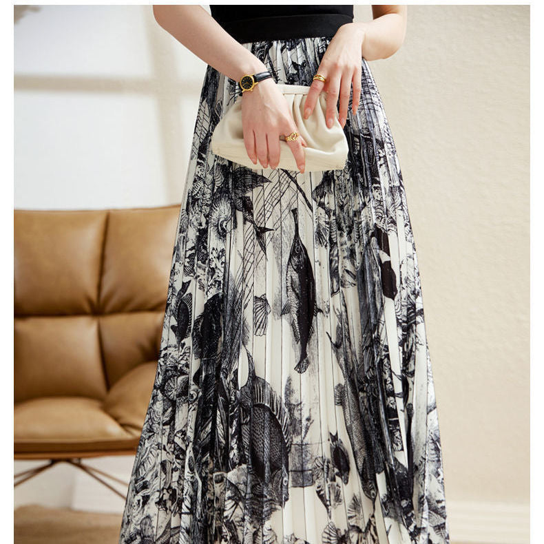 High Waist Skirt Women's Elastic Waist Ink Painting Printed Pleated Skirt