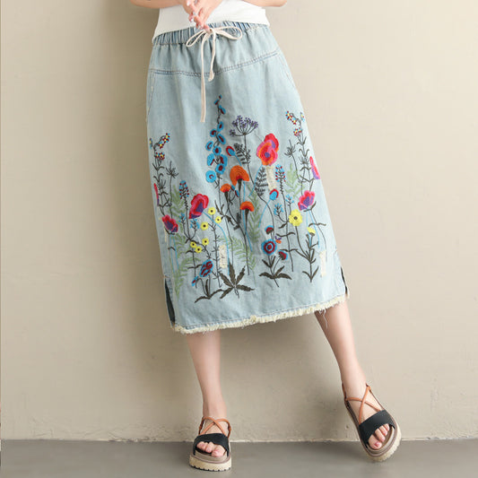 Plus Size Ethnic Style Denim Heavy Embroidery Skirt