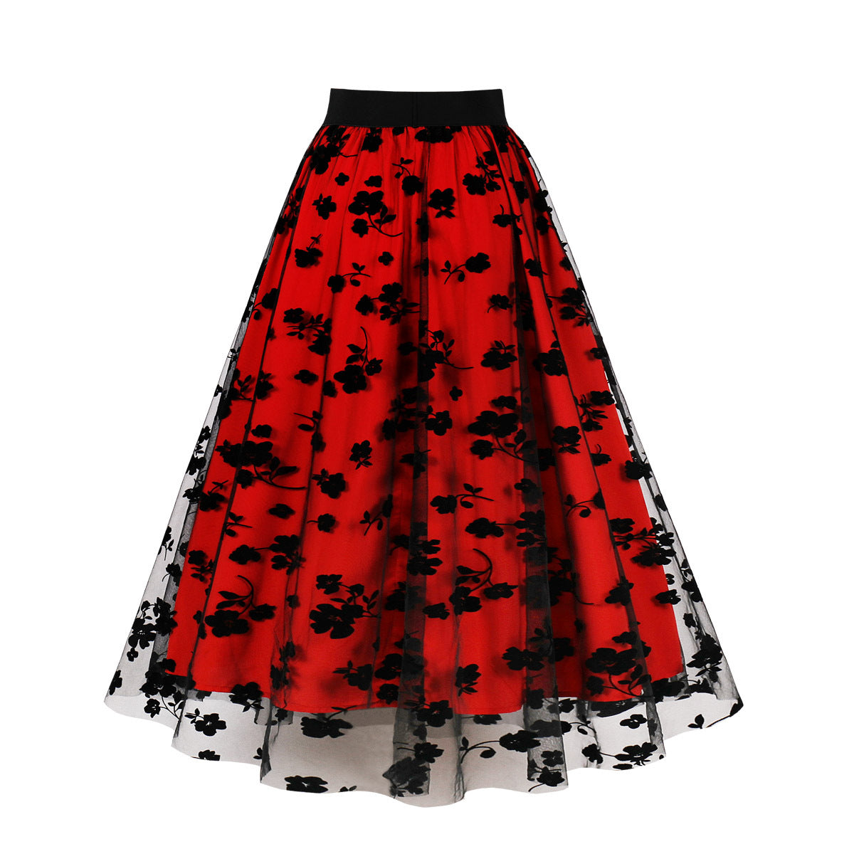 Mesh Double Layer Flock Printing Big Hem Skirt