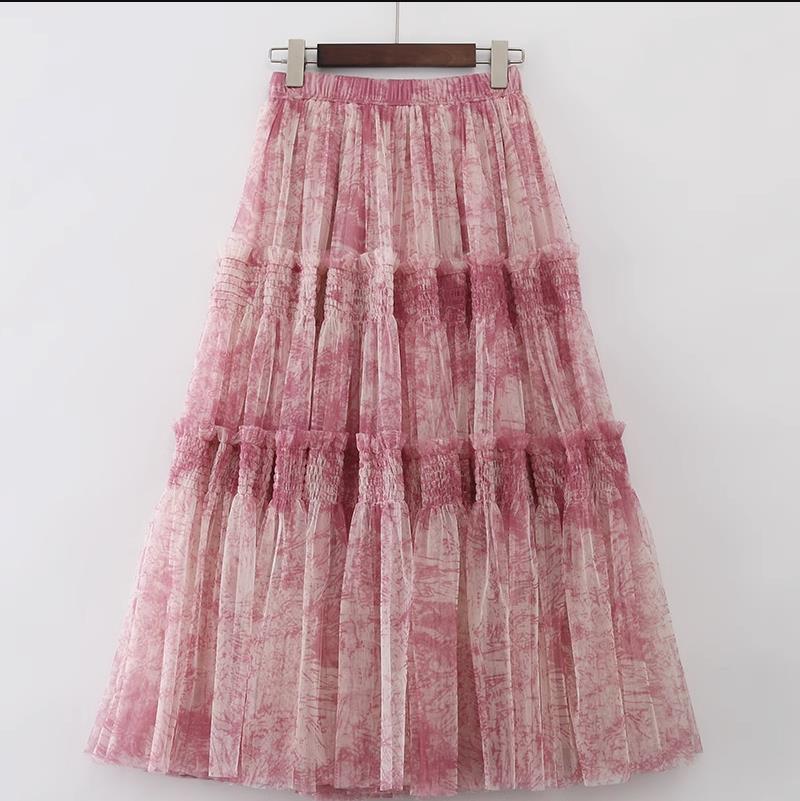 Ink Printing Skirt Elastic Waist Stitching Yarn