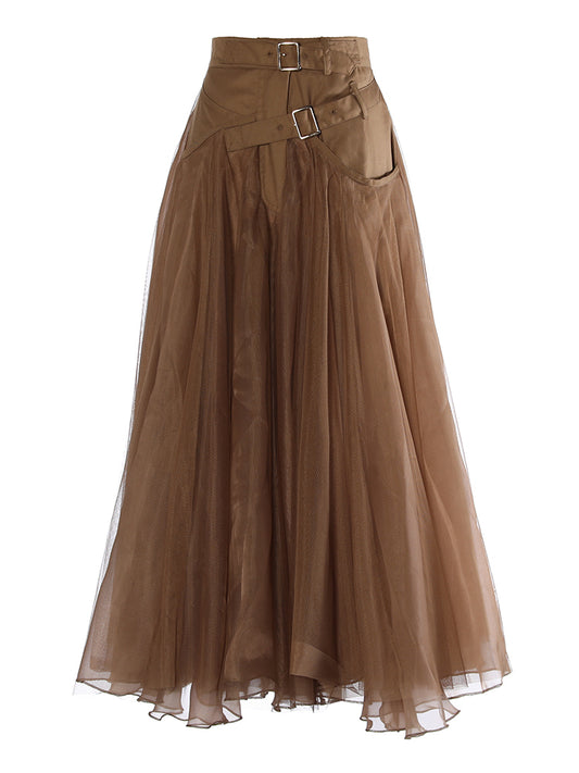 High Waist Khaki Skirt Versatile Irregular Tulle Skirt