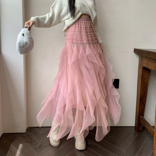 Irregular High Waist Tulle Tutu Tiered-Ruffle Long Dress