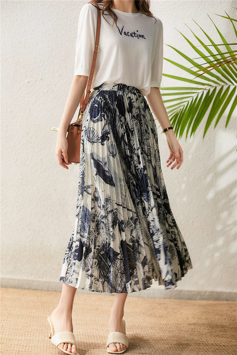 High Waist Skirt Women's Elastic Waist Ink Painting Printed Pleated Skirt