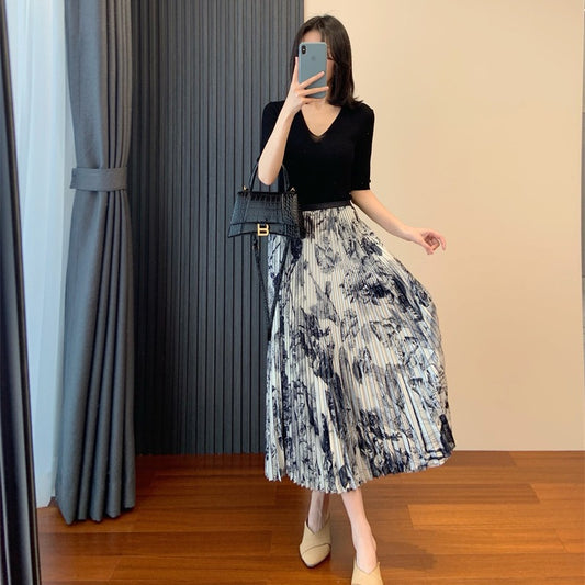 High Waist Skirt Women's Elastic Waist Ink Painting Printed Pleated Skirt