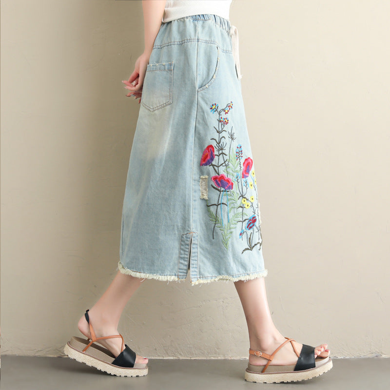 Plus Size Ethnic Style Denim Heavy Embroidery Skirt