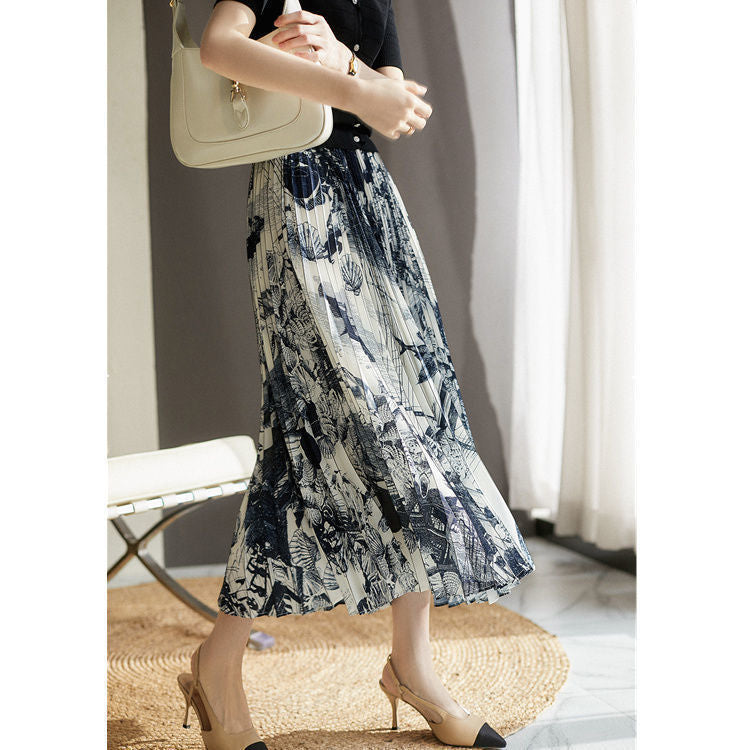 High Waist Skirt Women's Elastic Waist Ink Painting Printed Pleated Skirt