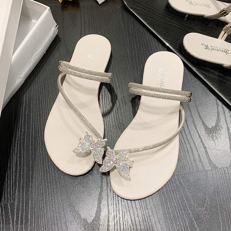 Plus Size Flat Bottom Rhinestone Bow Toe Covering Sandals Women's Outer Wear Fashion