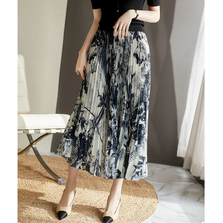High Waist Skirt Women's Elastic Waist Ink Painting Printed Pleated Skirt