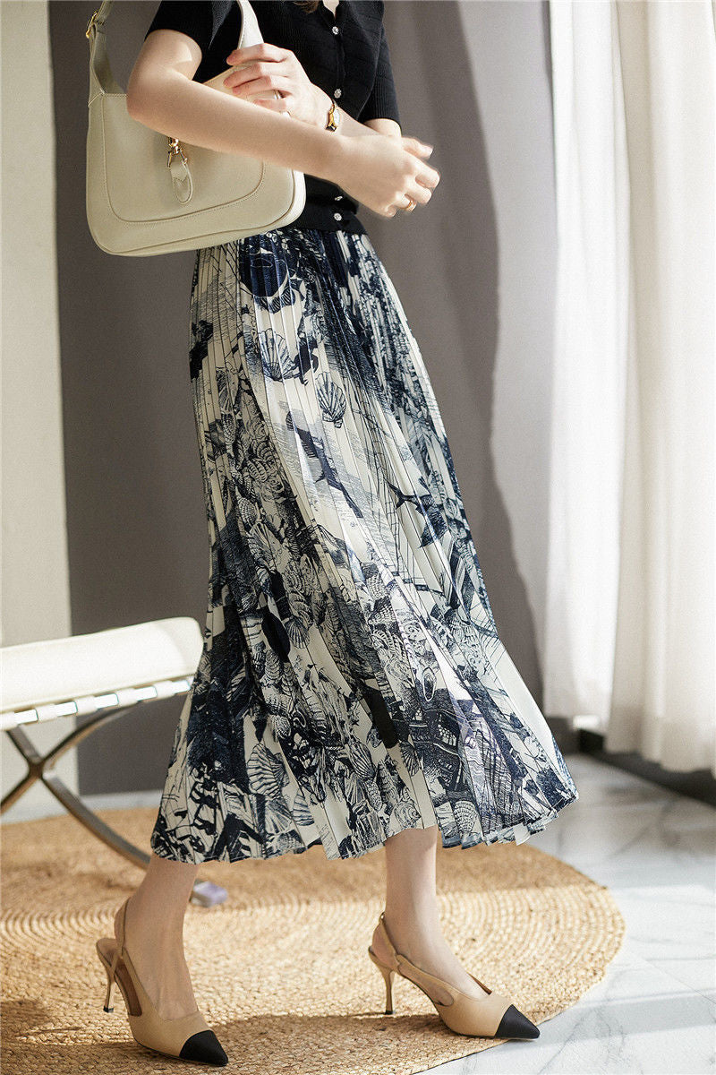 High Waist Skirt Women's Elastic Waist Ink Painting Printed Pleated Skirt