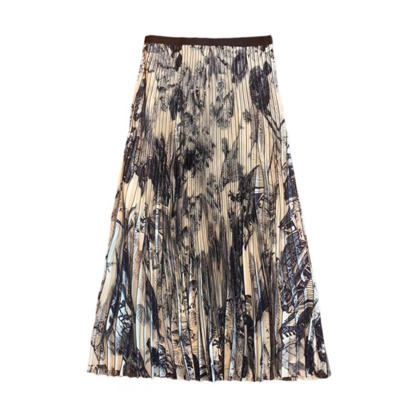 High Waist Skirt Women's Elastic Waist Ink Painting Printed Pleated Skirt