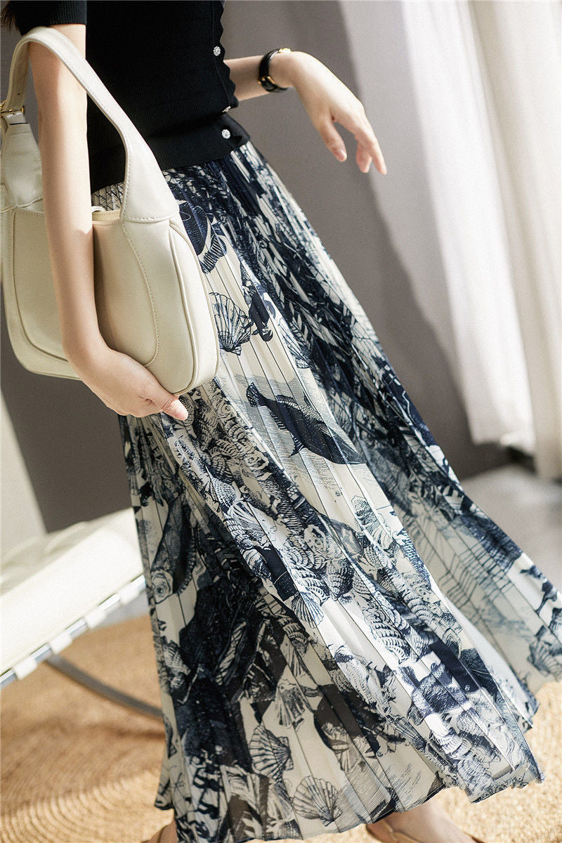High Waist Skirt Women's Elastic Waist Ink Painting Printed Pleated Skirt