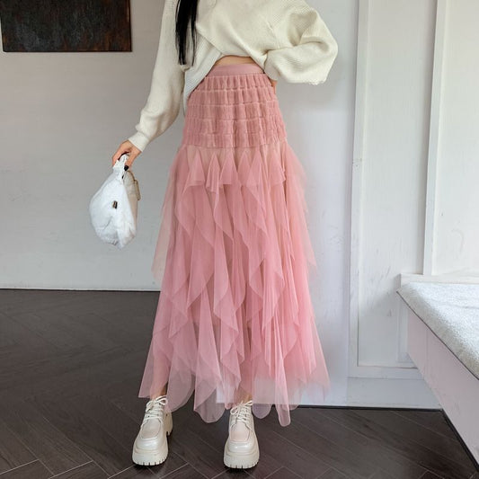 Irregular High Waist Tulle Tutu Tiered-Ruffle Long Dress