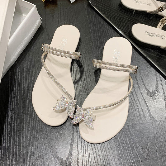 Plus Size Flat Bottom Rhinestone Bow Toe Covering Sandals Women's Outer Wear Fashion