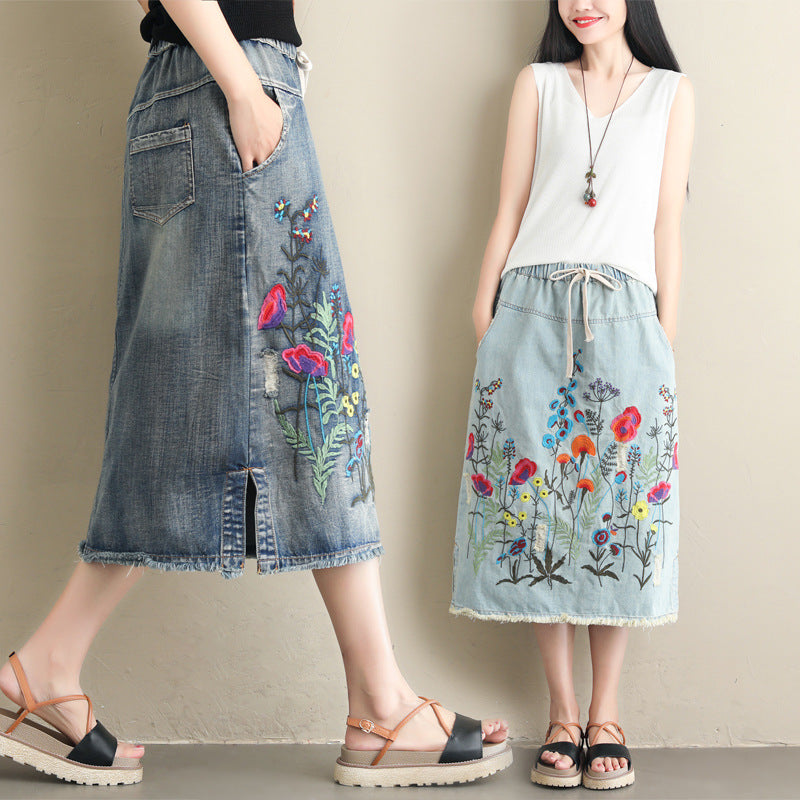Plus Size Ethnic Style Denim Heavy Embroidery Skirt