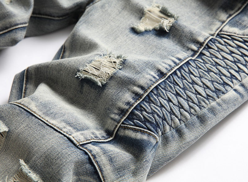European And American Nostalgic Men Ripped Personality Mid-Rise Jeans