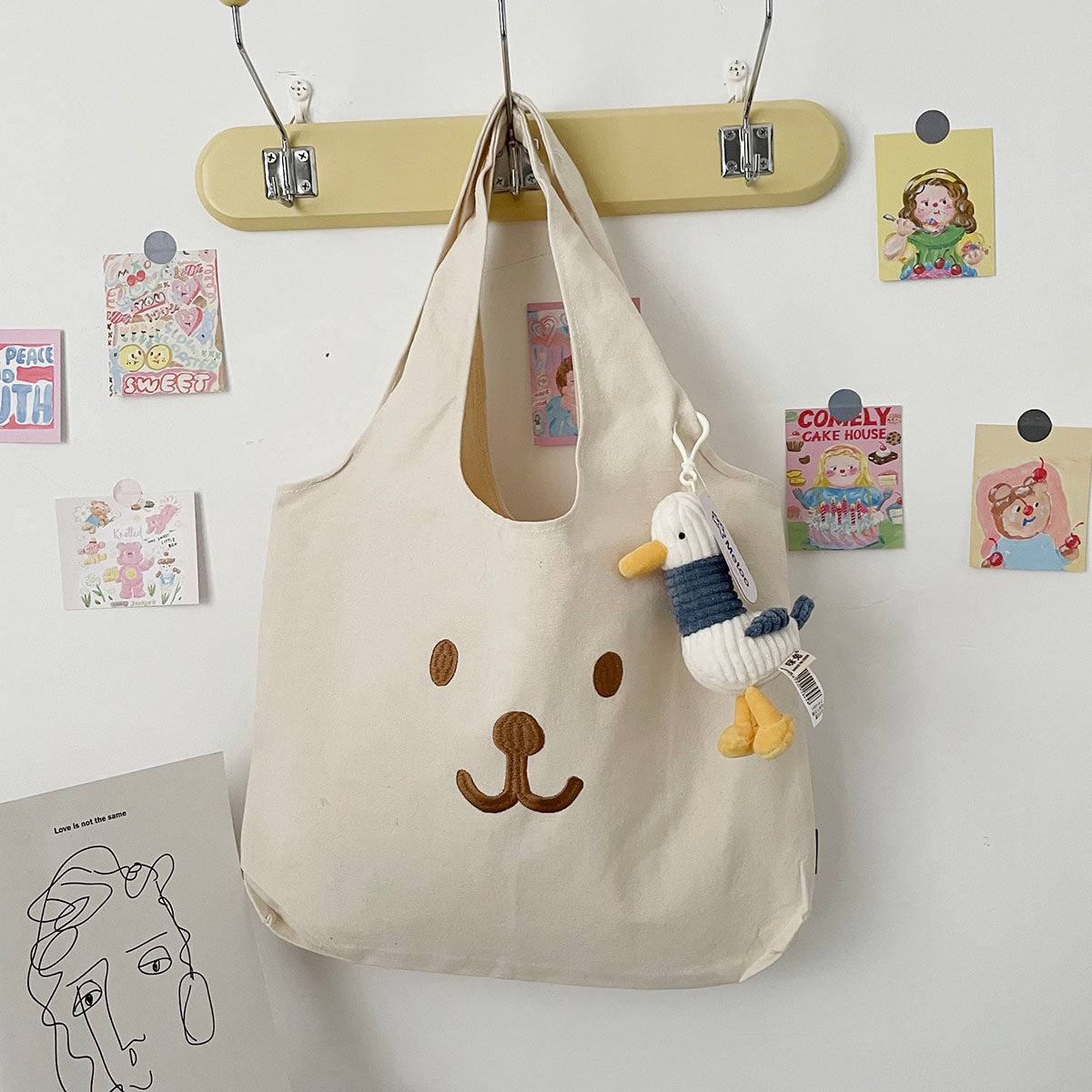 Cute Embroidery Bear Large-capacity Art Class Hand-carry Single-shoulder Canvas Bag