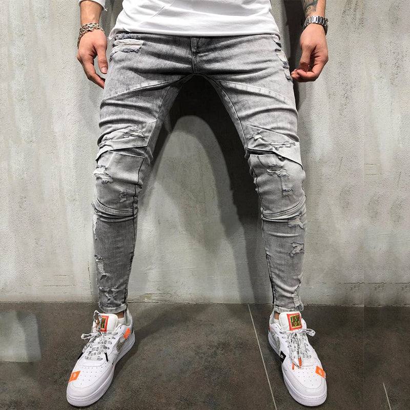 Frayed denim gray trousers for men's