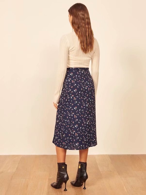 French niche retro blue floral skirt for women