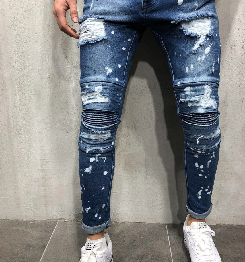 Men's Slim Feet Jeans Hole Tide Knee Pleats Men's Motorcycle Jeans
