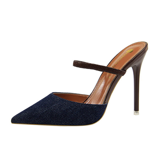 Baotou slippers stiletto high heel sexy thin shallow mouth pointed denim face with slippers