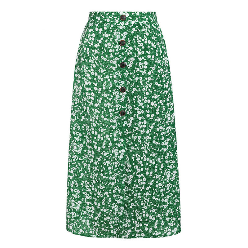 Holiday idyllic printed button mid-length skirt slim for women