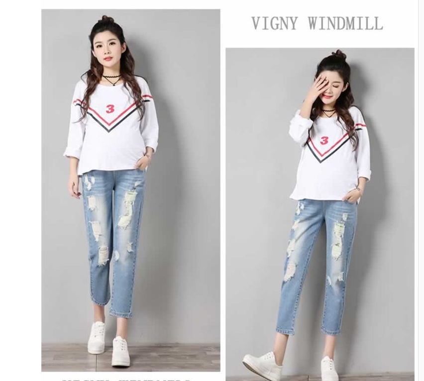 Fashion maternity pants summer 2021 tide hole jeans seven points loose thin tight stretch