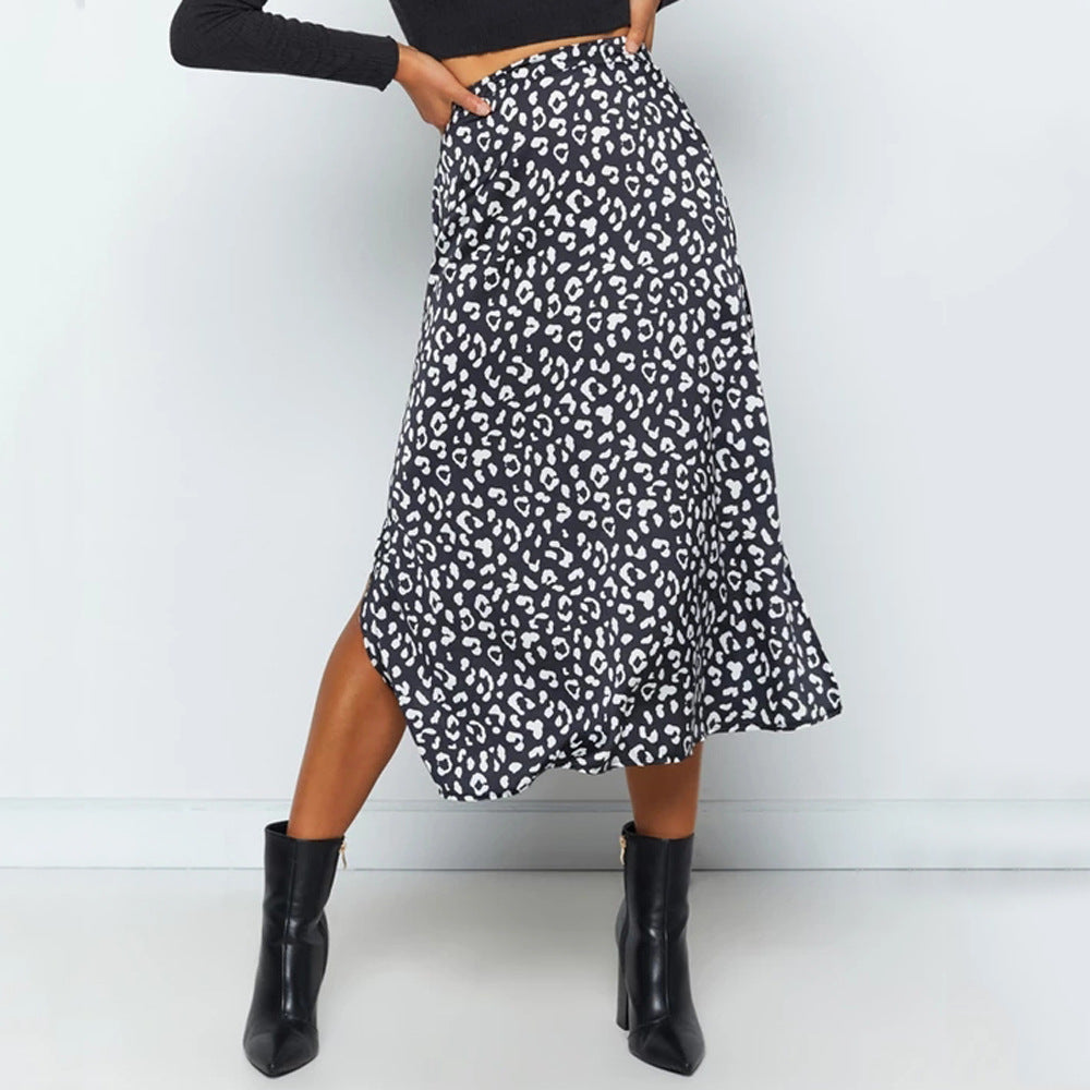 Leopard-print chiffon print split skirt for women