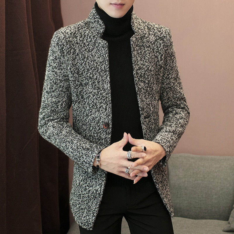 Youth Mid-Length Windbreaker Fashion Woolen Stand Collar Coat Trendy Men's Jacket