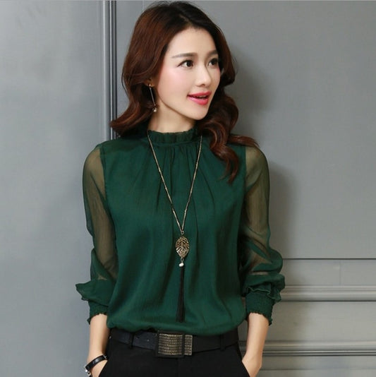 Chiffon fashion versatile sexy big size small stand collar