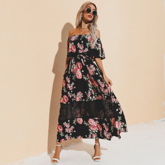 Women's Wrap Breast Print Black Lace High Waist Dress