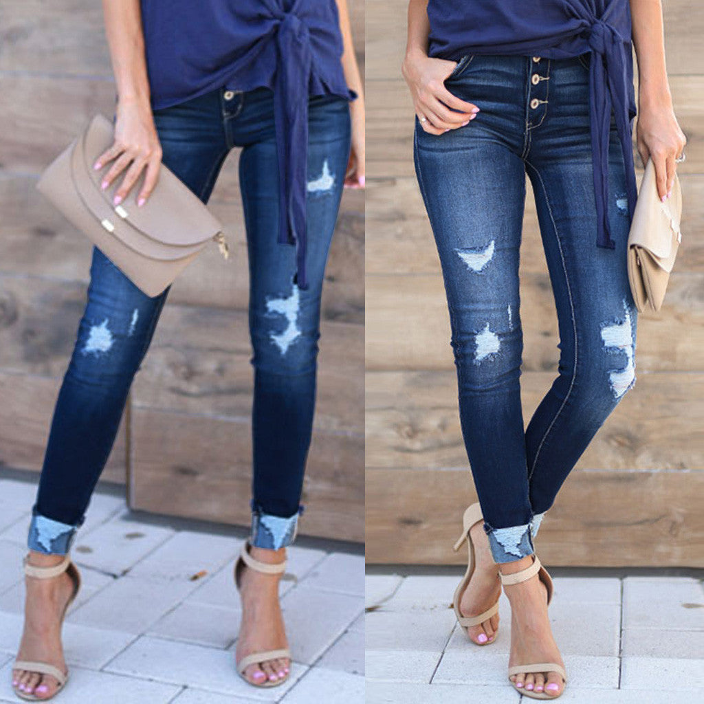 Pin buckle slim fit jeans for women