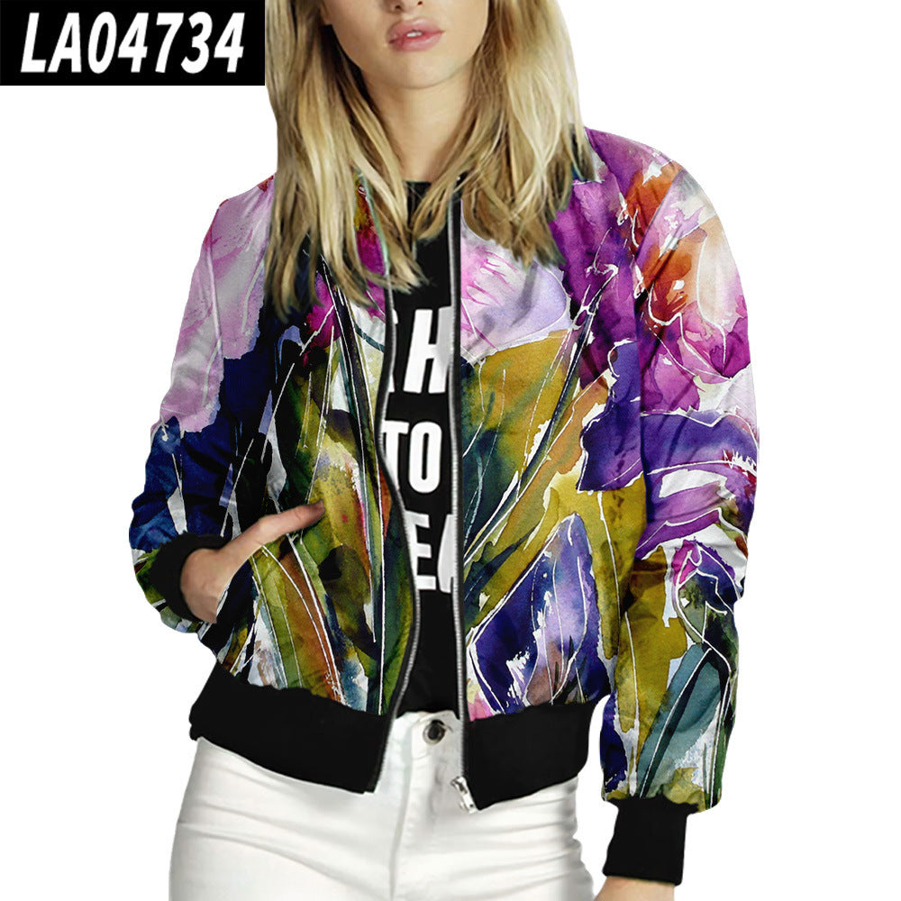 Women Stand Up Collar Baseball Uniform Floral Pattern