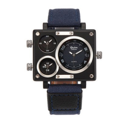 Men's Multi Time Zone Canvas Square Dial Plate Watch