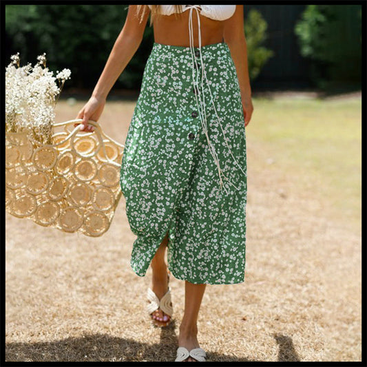 Holiday idyllic printed button mid-length skirt slim for women