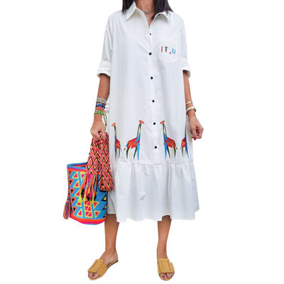 Single-row button print long loose dress